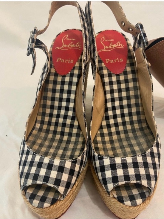 Christian Louboutin Shoes - Christian Louboutin Black and White Gingham Espadrille Wedge Slingback